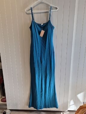 Teal Blue Slip Maxi Dress with Spaghetti Straps